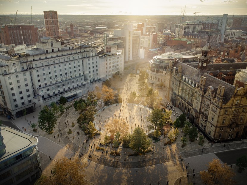 An artistic impression of what City Square in Leeds could look like with trees around the perimeter and more pedestrianised