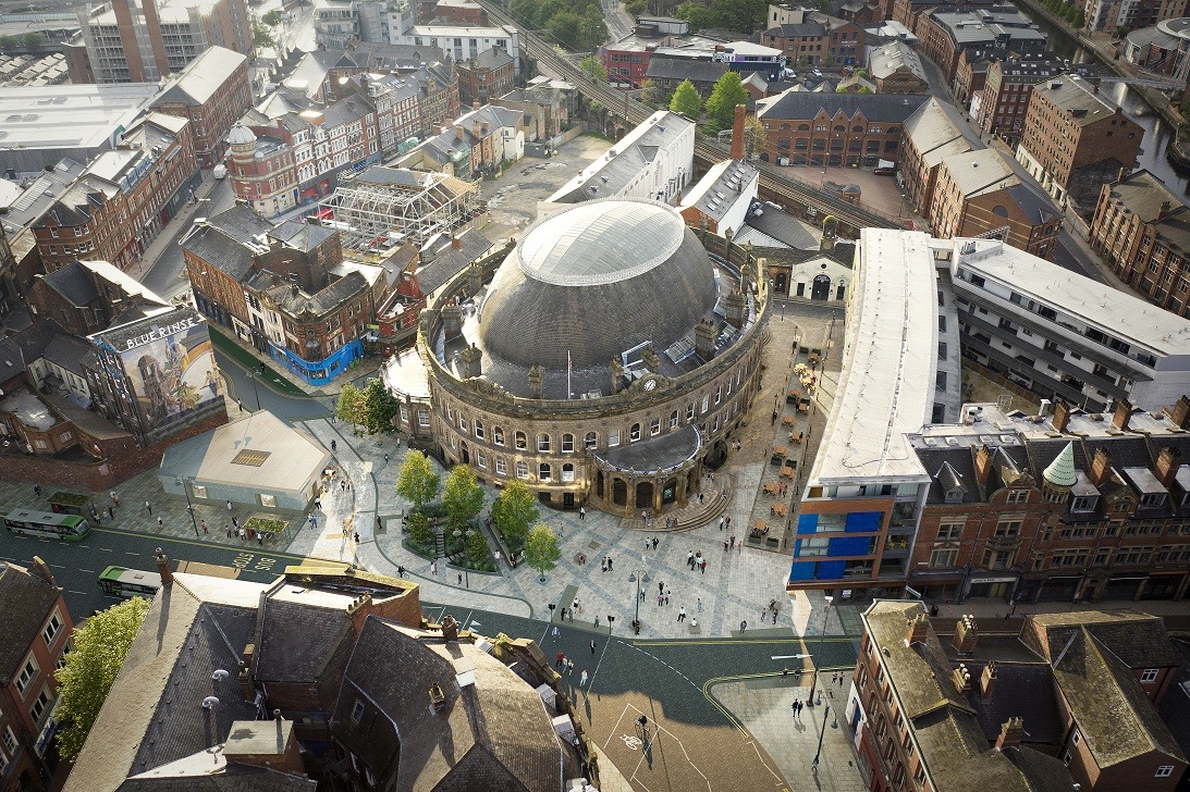 A birds eye image of the Corn Exchange an new public realm work going on outside it