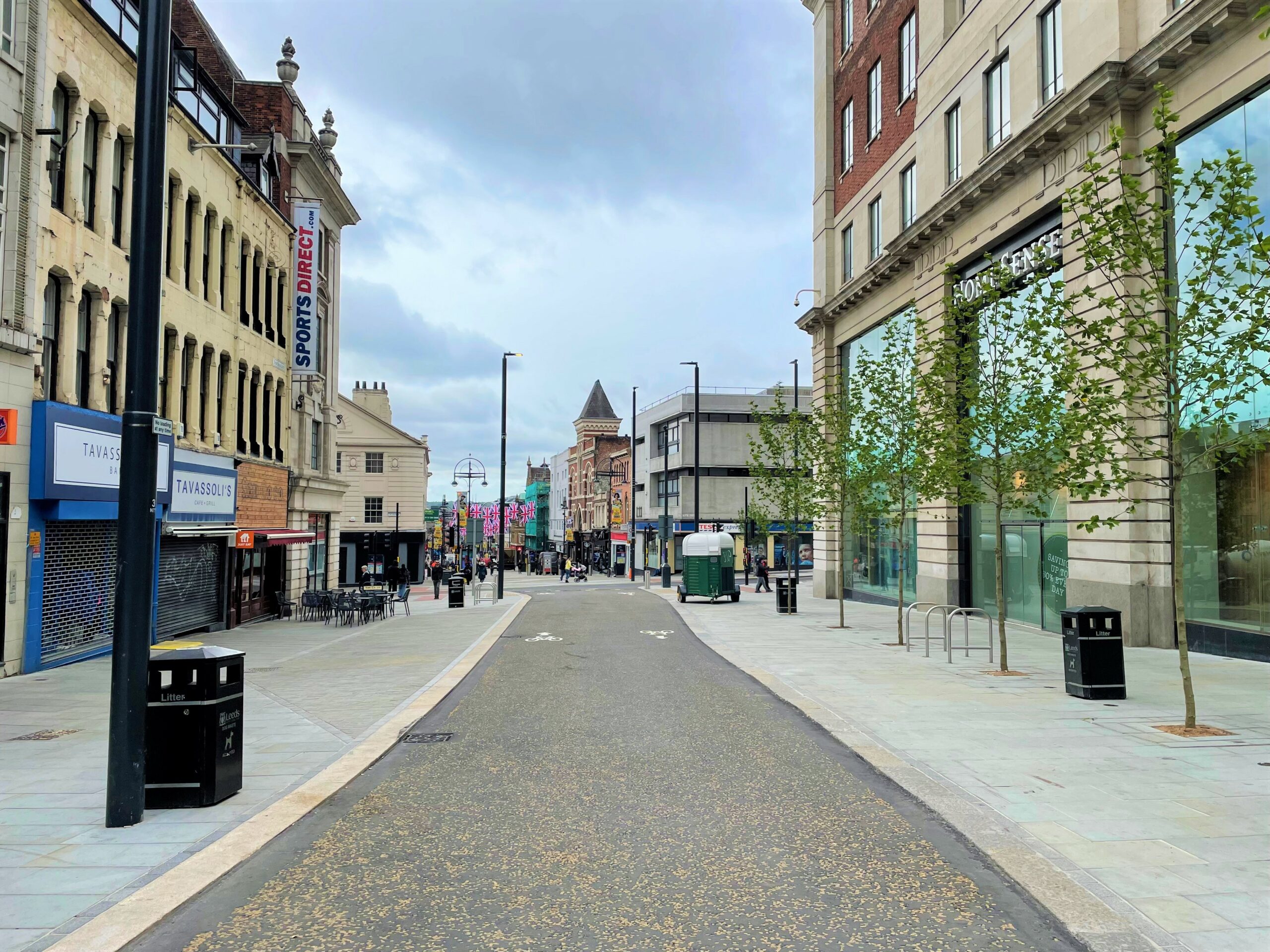 An image of the new work to transform New Briggate in Leeds city centre to allow better cycle lanes and public realm area