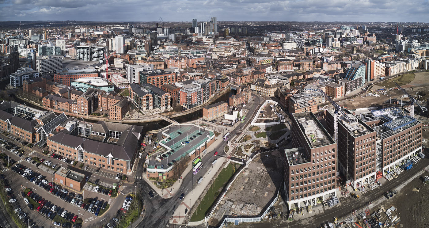 A panorama shot of Leeds City Centre with a focus on South Bank and Meadow Lane at the centre of the picture