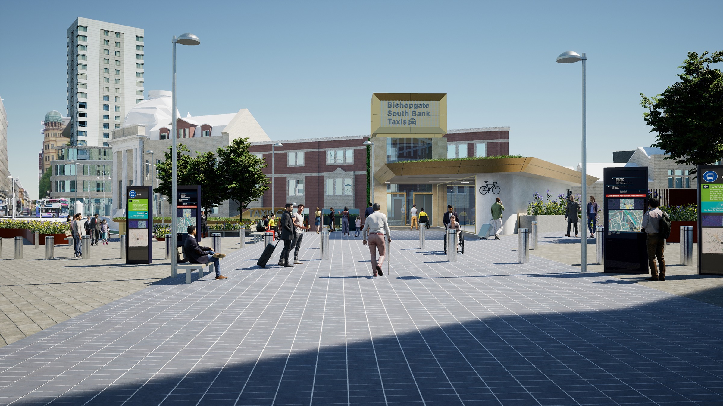 An artistic impression of New station street once the works are delivered. It shows a pedestrianised new station street