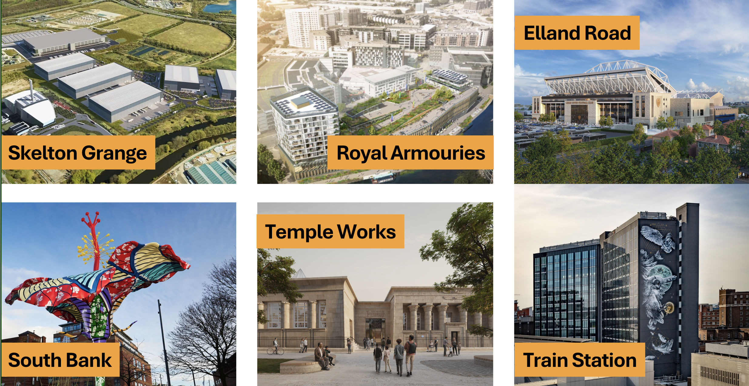 Images of leeds Major projects with captions in orange stating the project